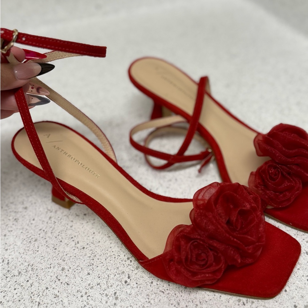 Anthropologie Red Floral Appliqué Slingback Heels
